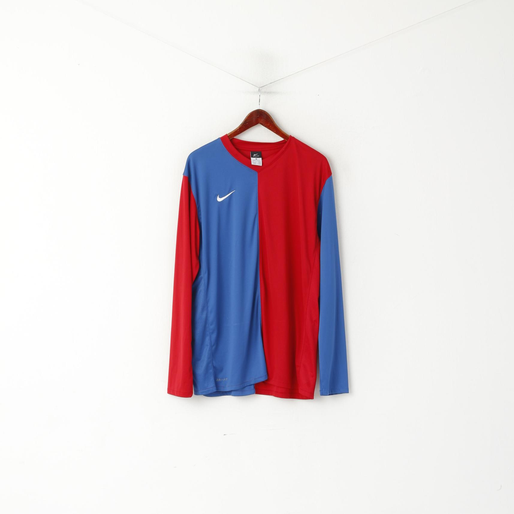 Nike Men XL Shirt Red Blue Vintage Dri-Fit Sportswear Football Long Sleeve Top