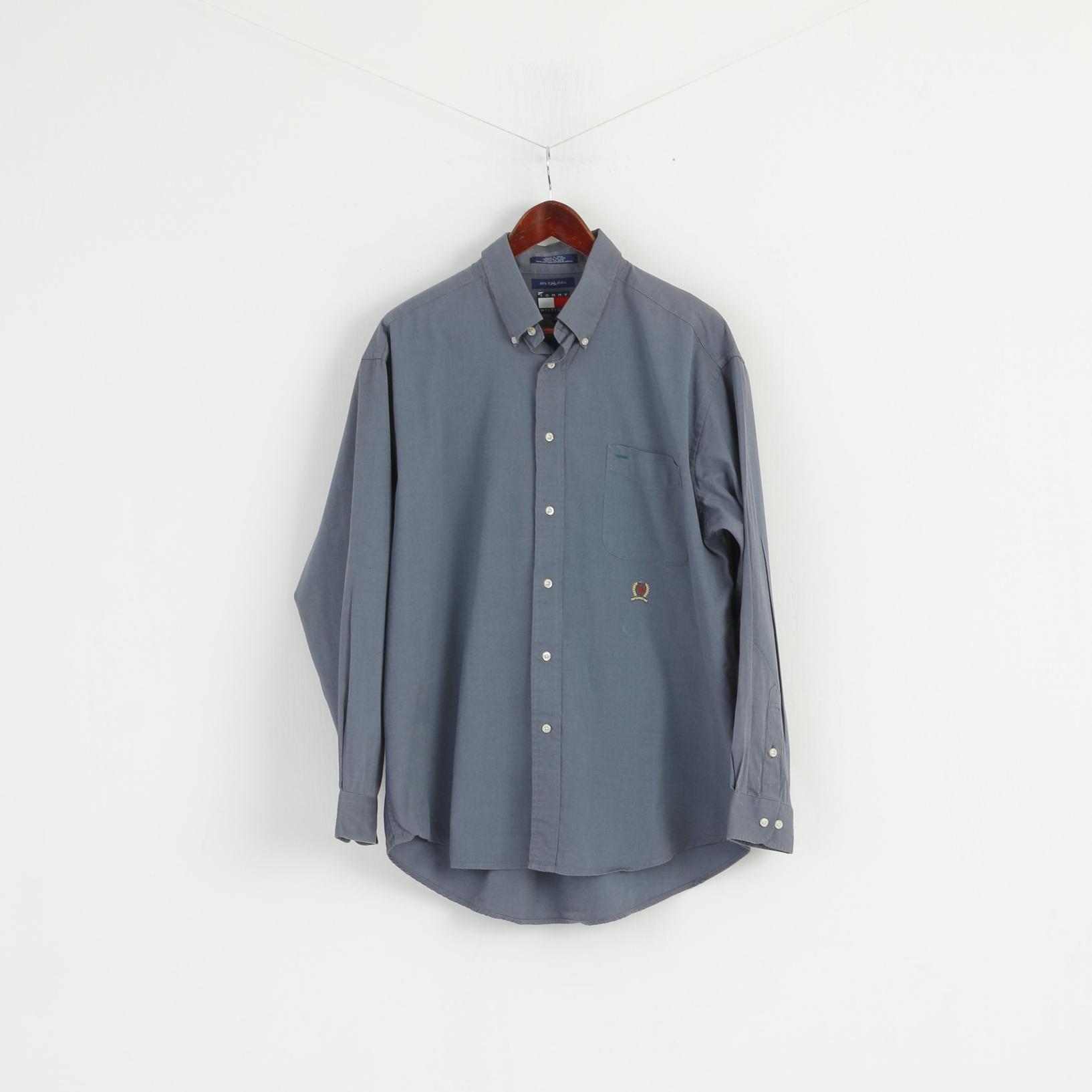 Tommy Hilfiger Men L Casual Shirt Blue 80's 2 ply Cotton Long Sleeve Classic Top