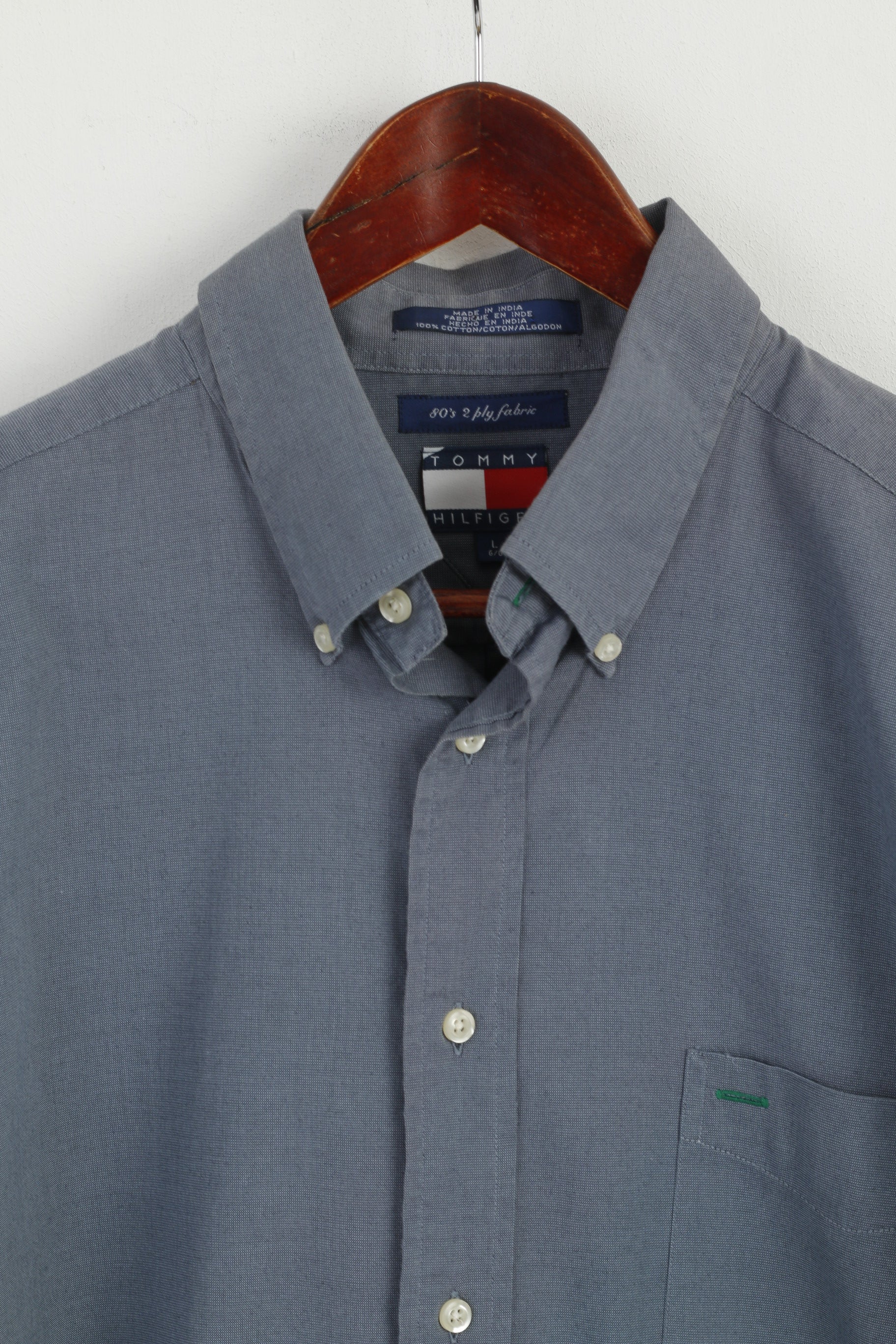 Tommy Hilfiger Men L Casual Shirt Blue 80's 2 ply Cotton Long Sleeve Classic Top