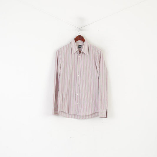 Hugo Boss Men M Casual Shirt Pink Cotton Striped Slim Fit Long Sleeve Top