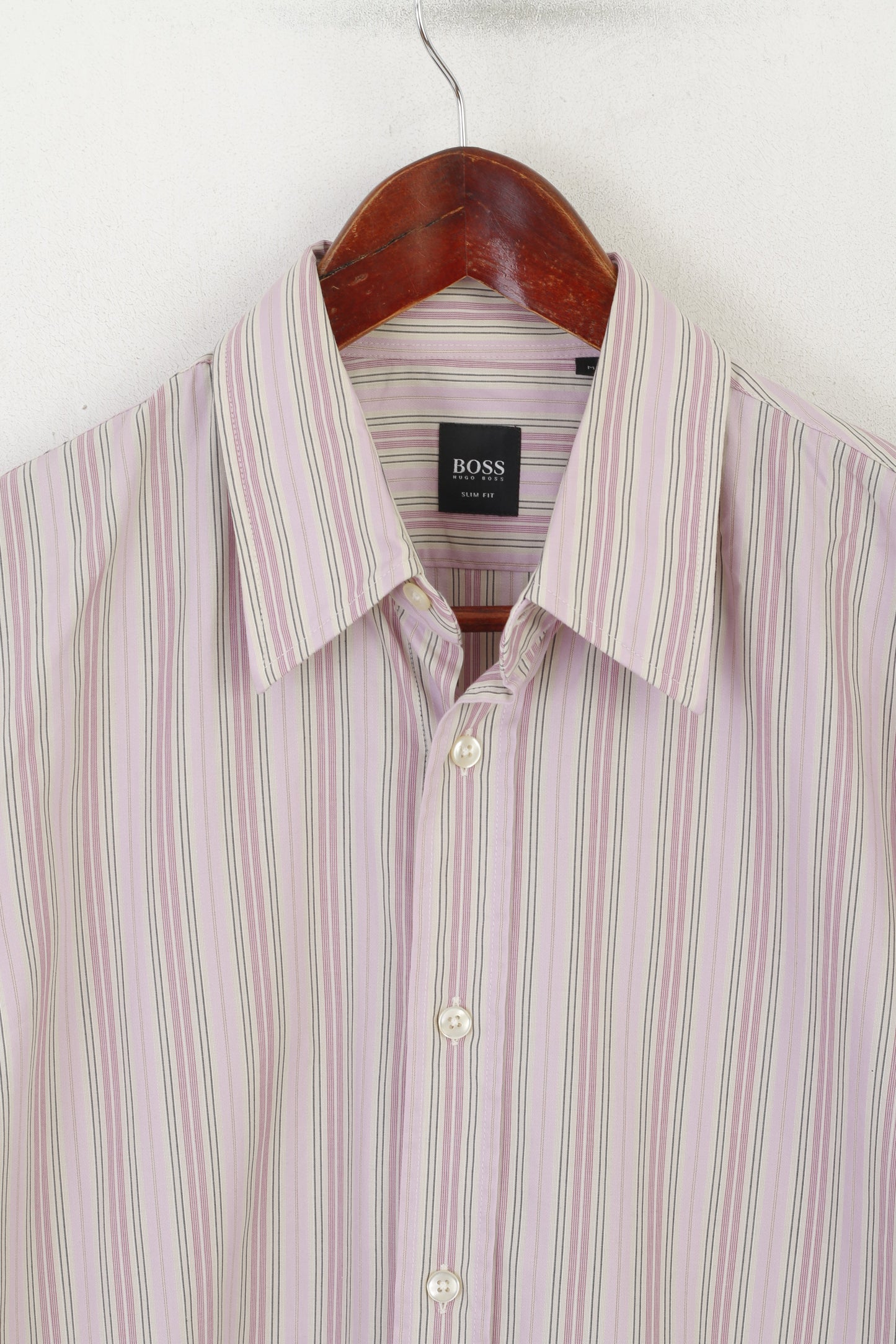 Hugo Boss Men M Casual Shirt Pink Cotton Striped Slim Fit Long Sleeve Top