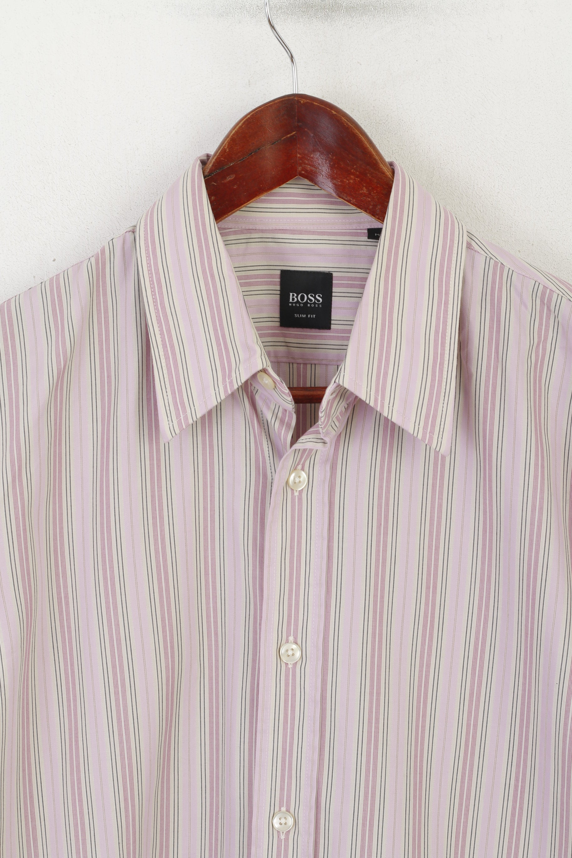 Hugo Boss Men M Casual Shirt Pink Cotton Striped Slim Fit Long Sleeve Top