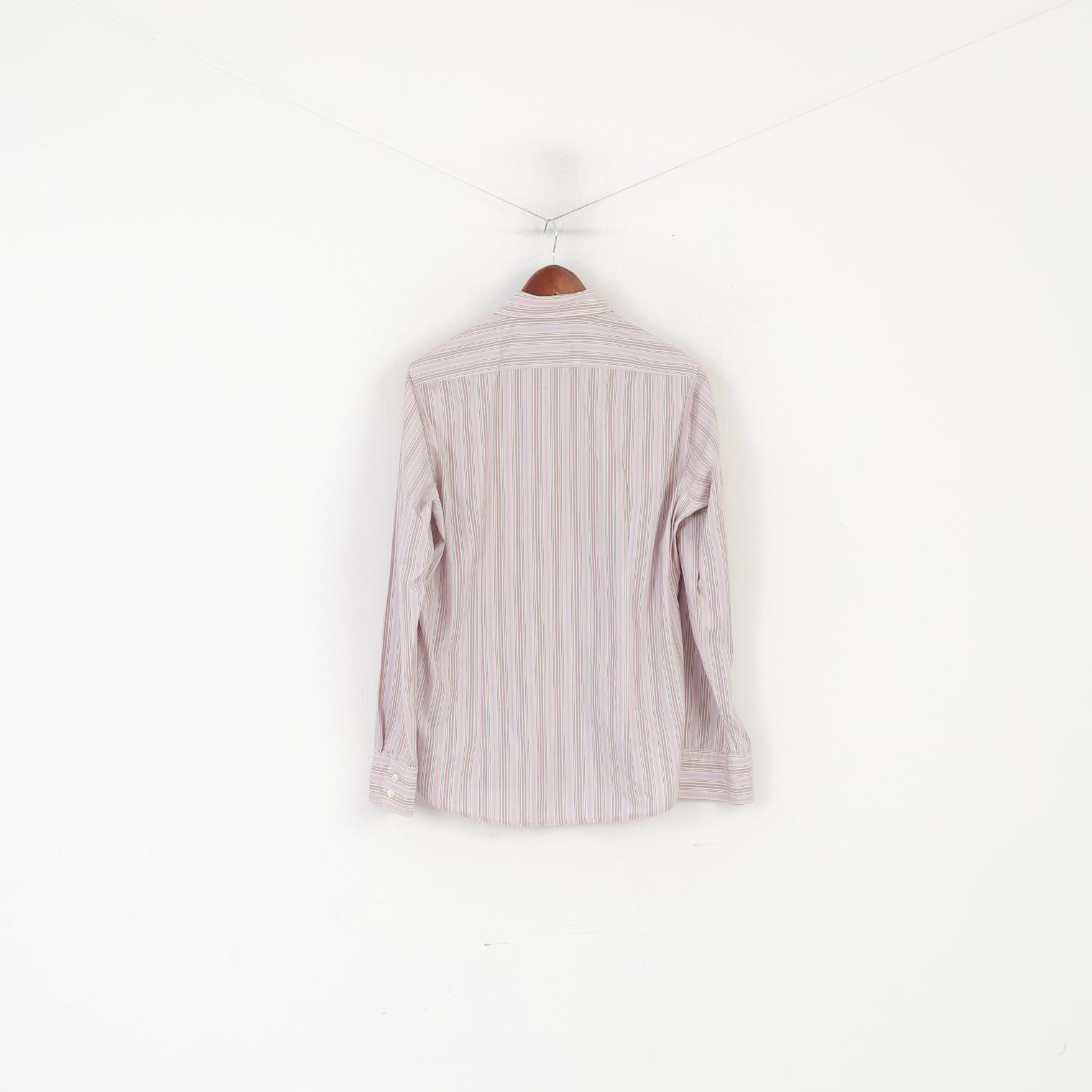 Hugo Boss Men M Casual Shirt Pink Cotton Striped Slim Fit Long Sleeve Top