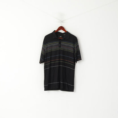 Fila Men L Polo Shirt Black Cotton Stretch Striped Detailed Buttons Vintage Top