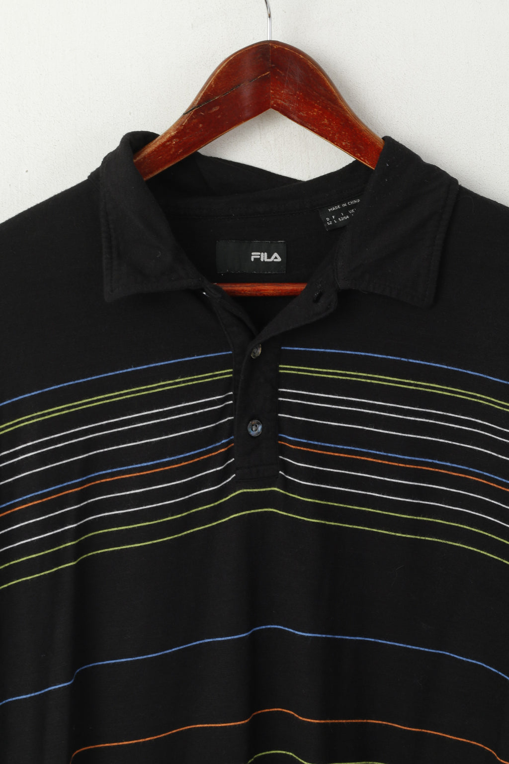 Polo Fila da uomo L, top vintage con bottoni dettagliati a righe in cotone nero elasticizzato