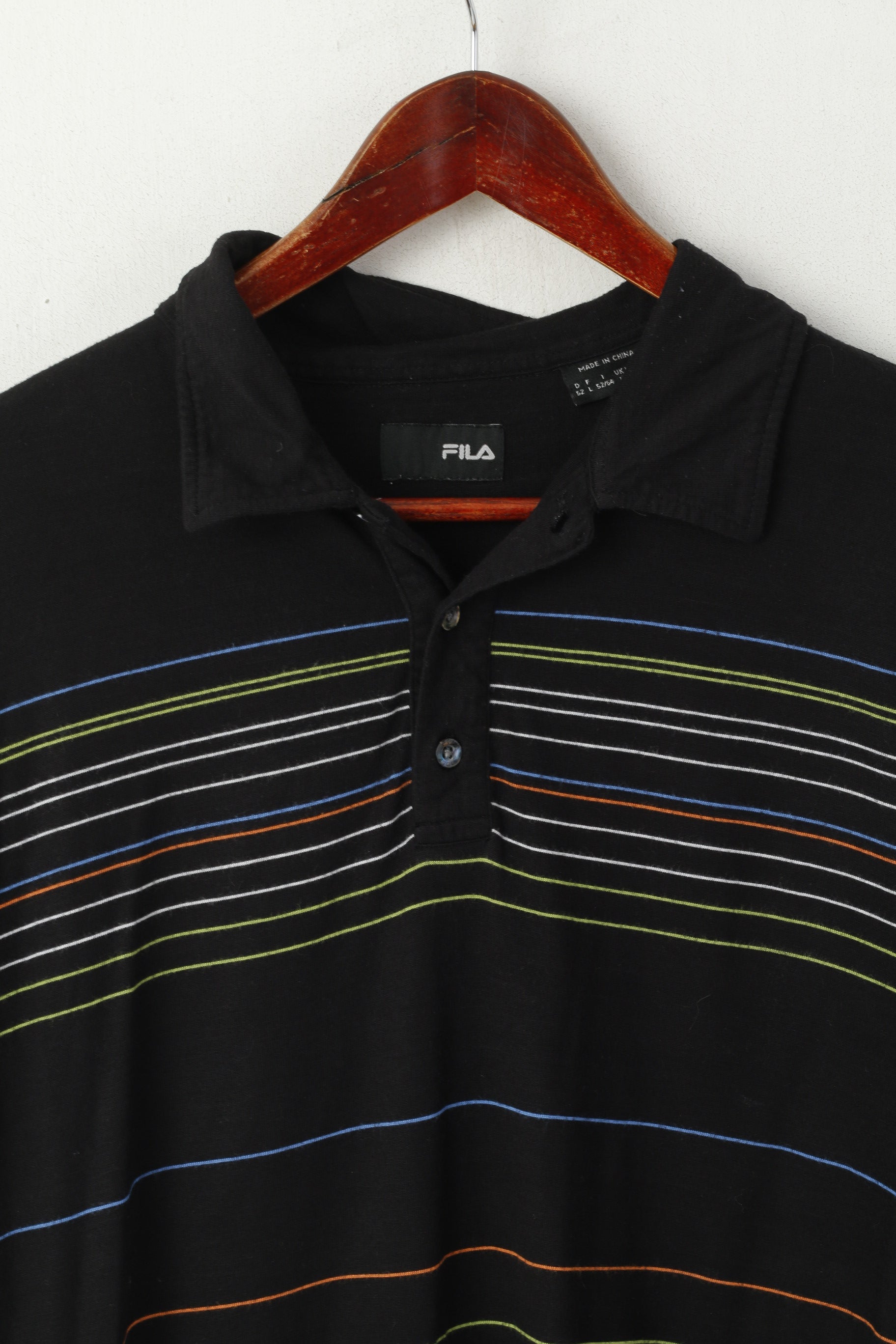 Polo Fila da uomo L, top vintage con bottoni dettagliati a righe in cotone nero elasticizzato