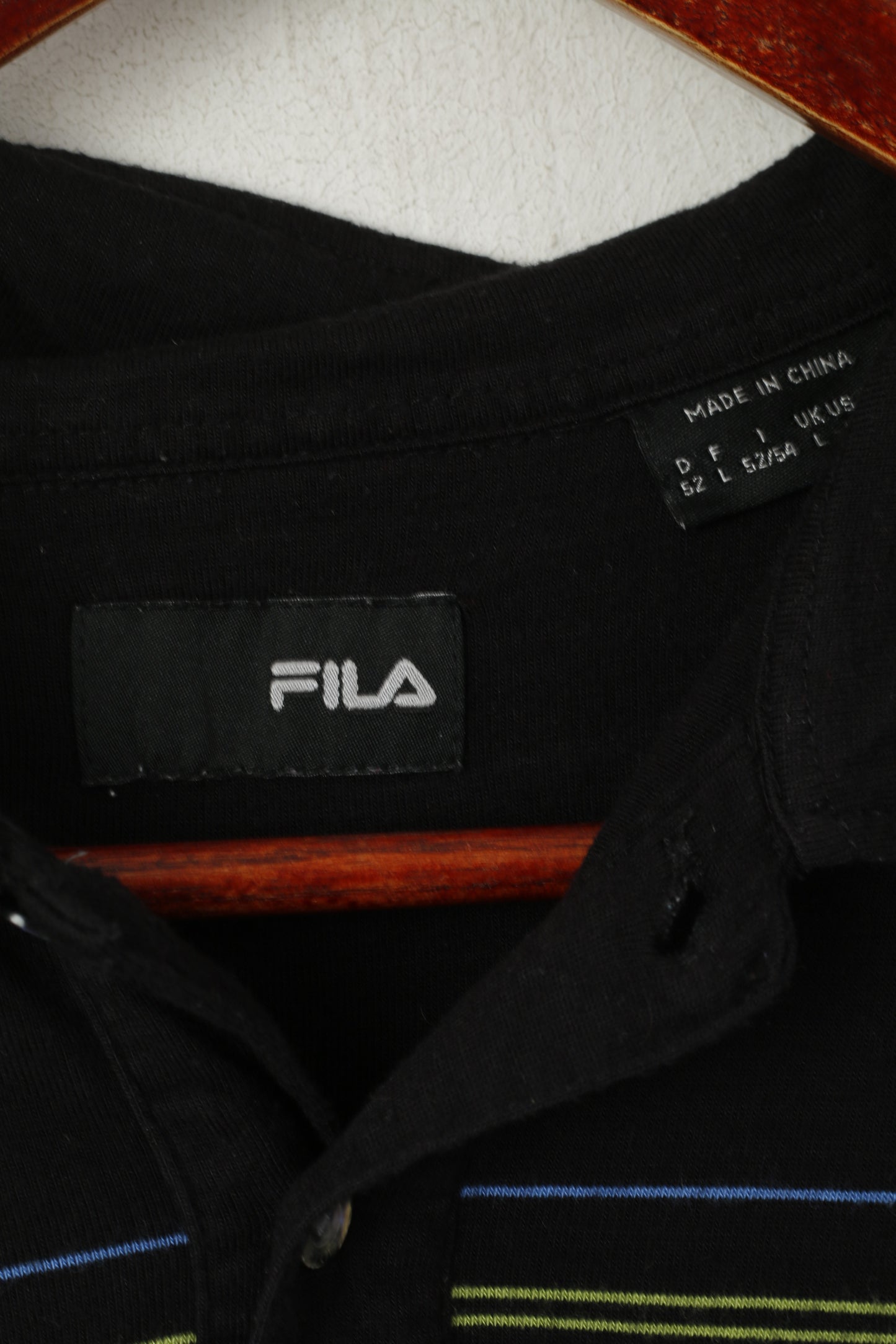 Polo Fila da uomo L, top vintage con bottoni dettagliati a righe in cotone nero elasticizzato