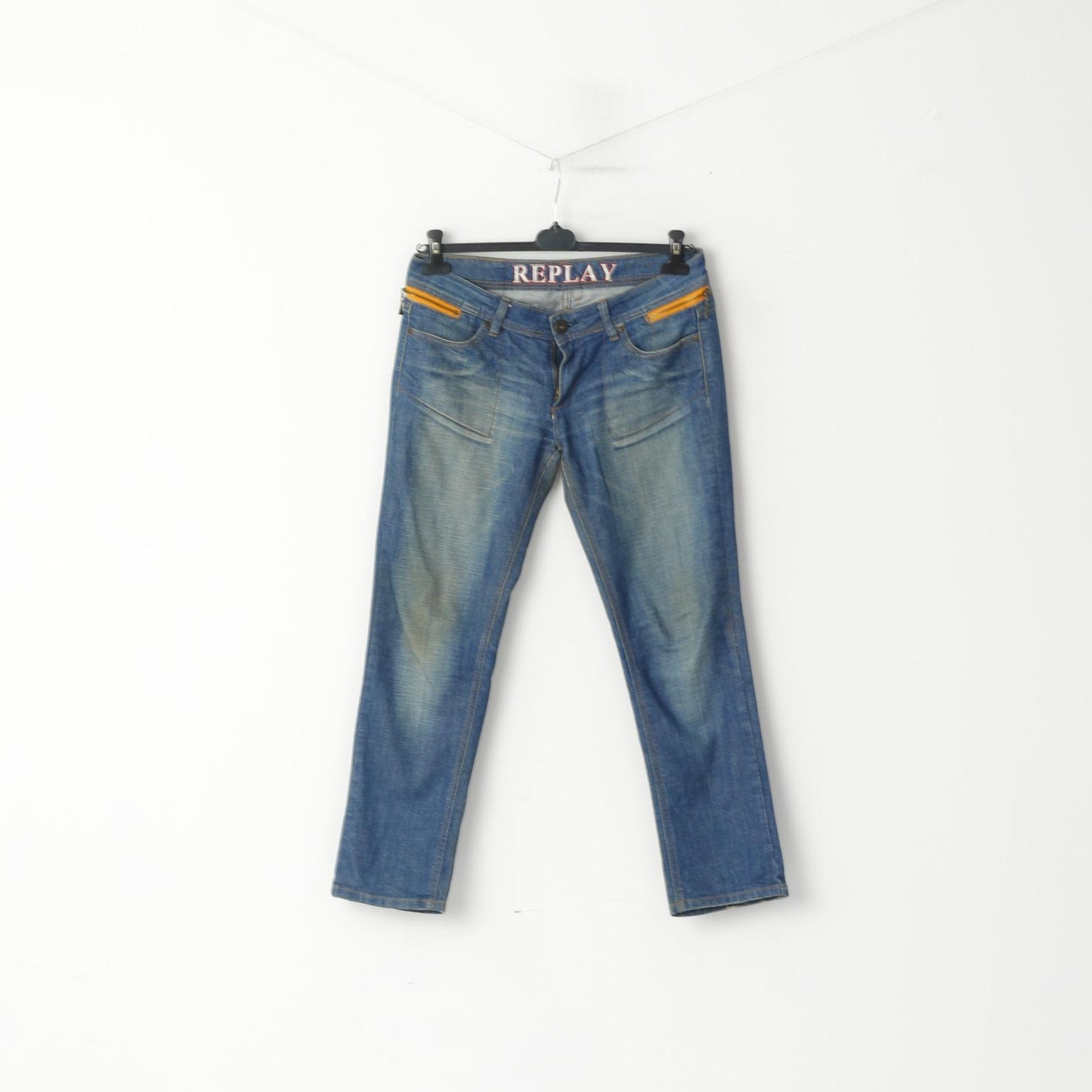 REPLAY Pantaloni jeans da donna 32 Pantaloni con tasche con zip a vita bassa in cotone denim blu