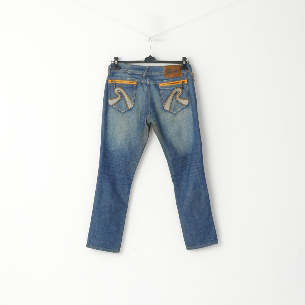 REPLAY Pantaloni jeans da donna 32 Pantaloni con tasche con zip a vita bassa in cotone denim blu
