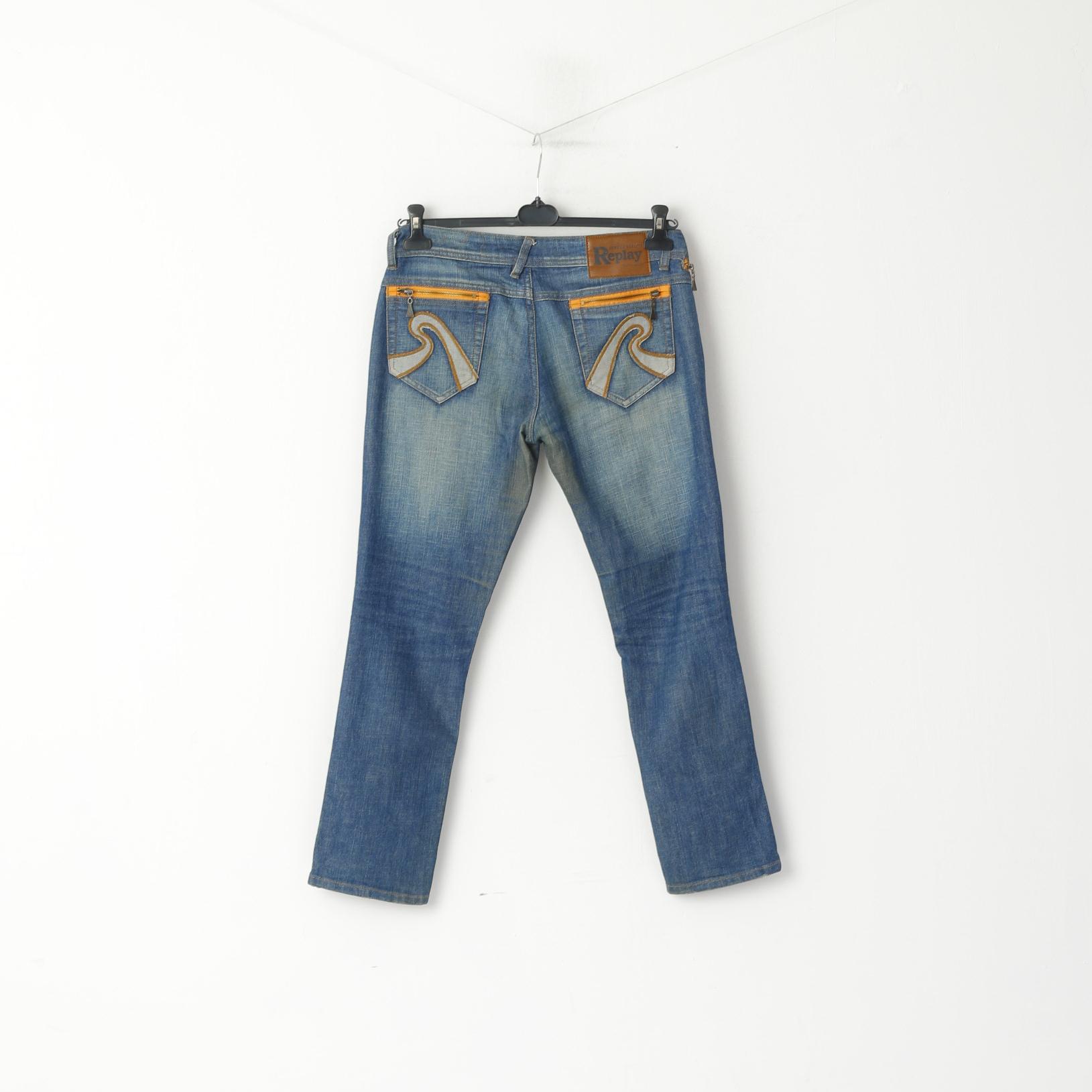REPLAY Pantaloni jeans da donna 32 Pantaloni con tasche con zip a vita bassa in cotone denim blu