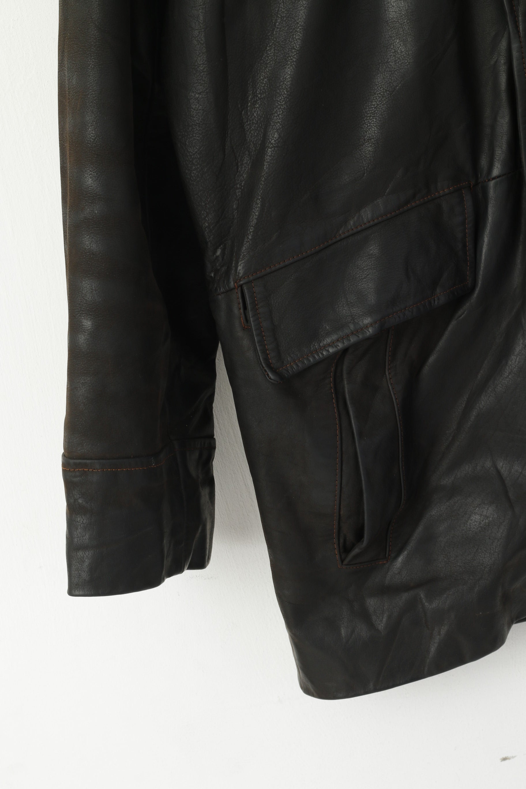 Brice Hommes 48 XL Veste En Cuir Marron Vintage Poches Fermeture Éclair Complète Haut Classique