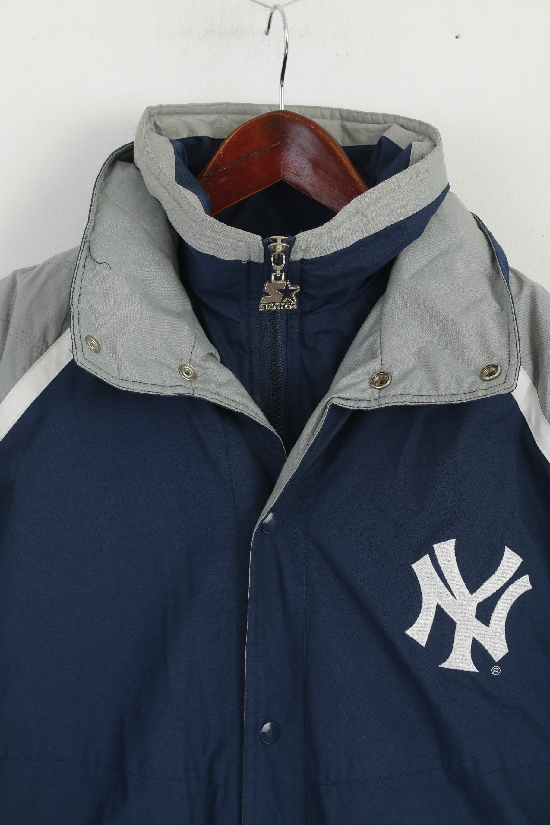 STARTER New York Yankees Men M Jacket Navy Puffer Hood Zip Up NY Vintage Parka