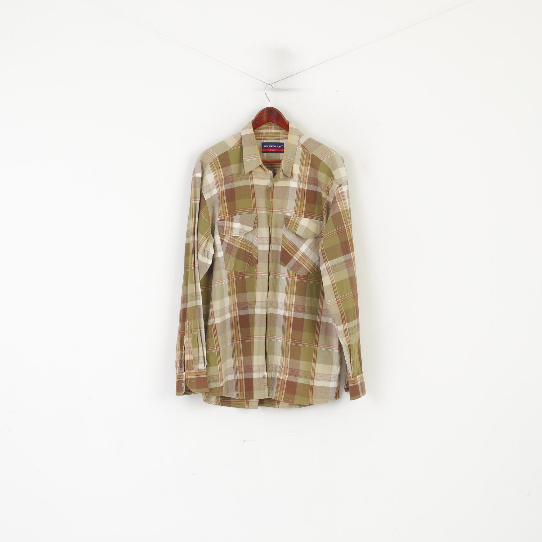 Freeman Sport Chemise décontractée XL pour homme Marron Vert à carreaux en coton à manches longues
