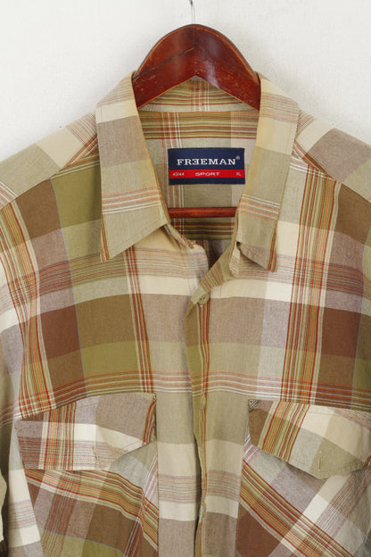 Freeman Sport Men XL Casual Shirt Brown Green Check Cotton Long Sleeve Top