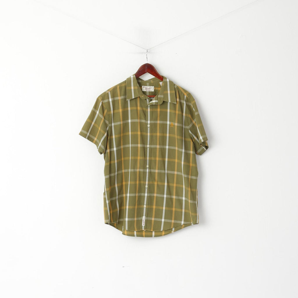 Original Penguin Men  XL Casual Shirt Green Check Cotton Classic Fit Short Sleeve Top