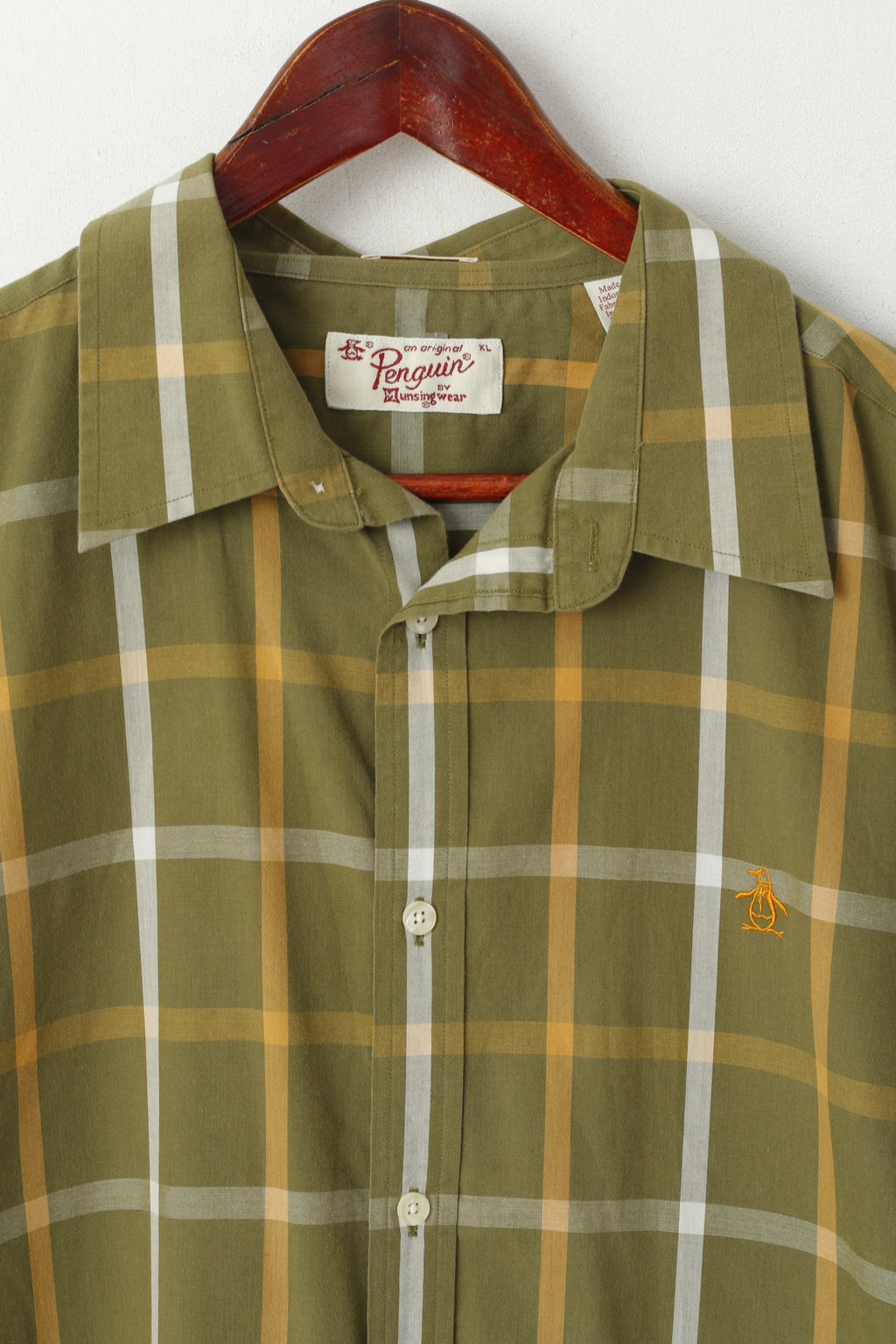 Original Penguin Men  XL Casual Shirt Green Check Cotton Classic Fit Short Sleeve Top