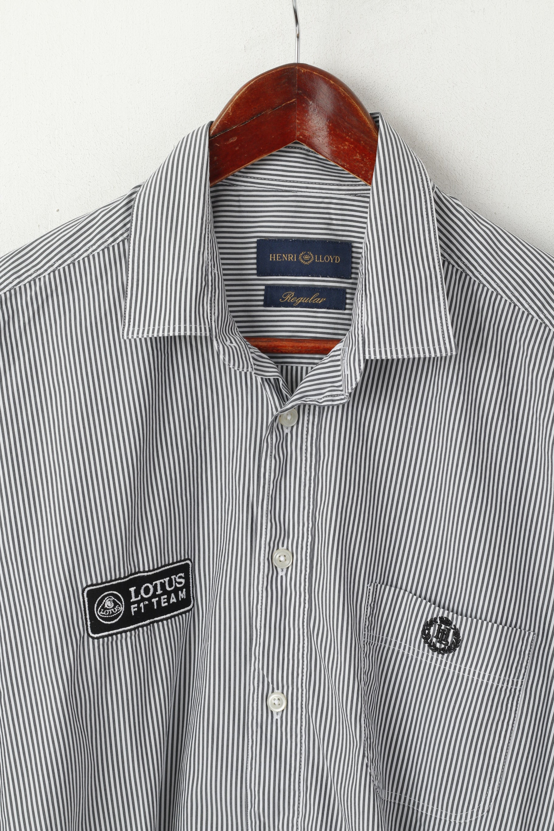 Henri Lloyd Men L Casual Shirt Gray Striped Cotton Regular Fit Long Sleeve Lotus Team Top