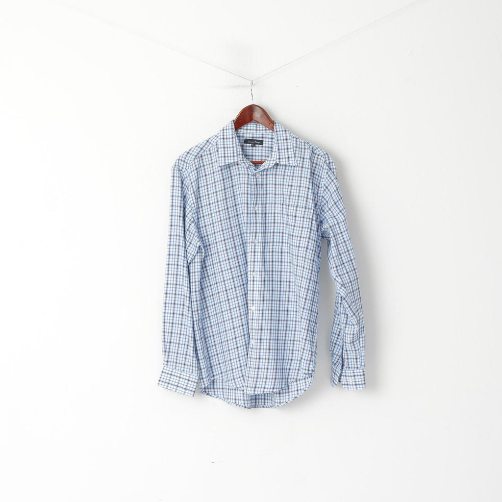 James Pringle Men M Casual Shirt Blue Check Cotton Pocket Long Sleeve Top