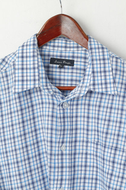 James Pringle Men M Casual Shirt Blue Check Cotton Pocket Long Sleeve Top