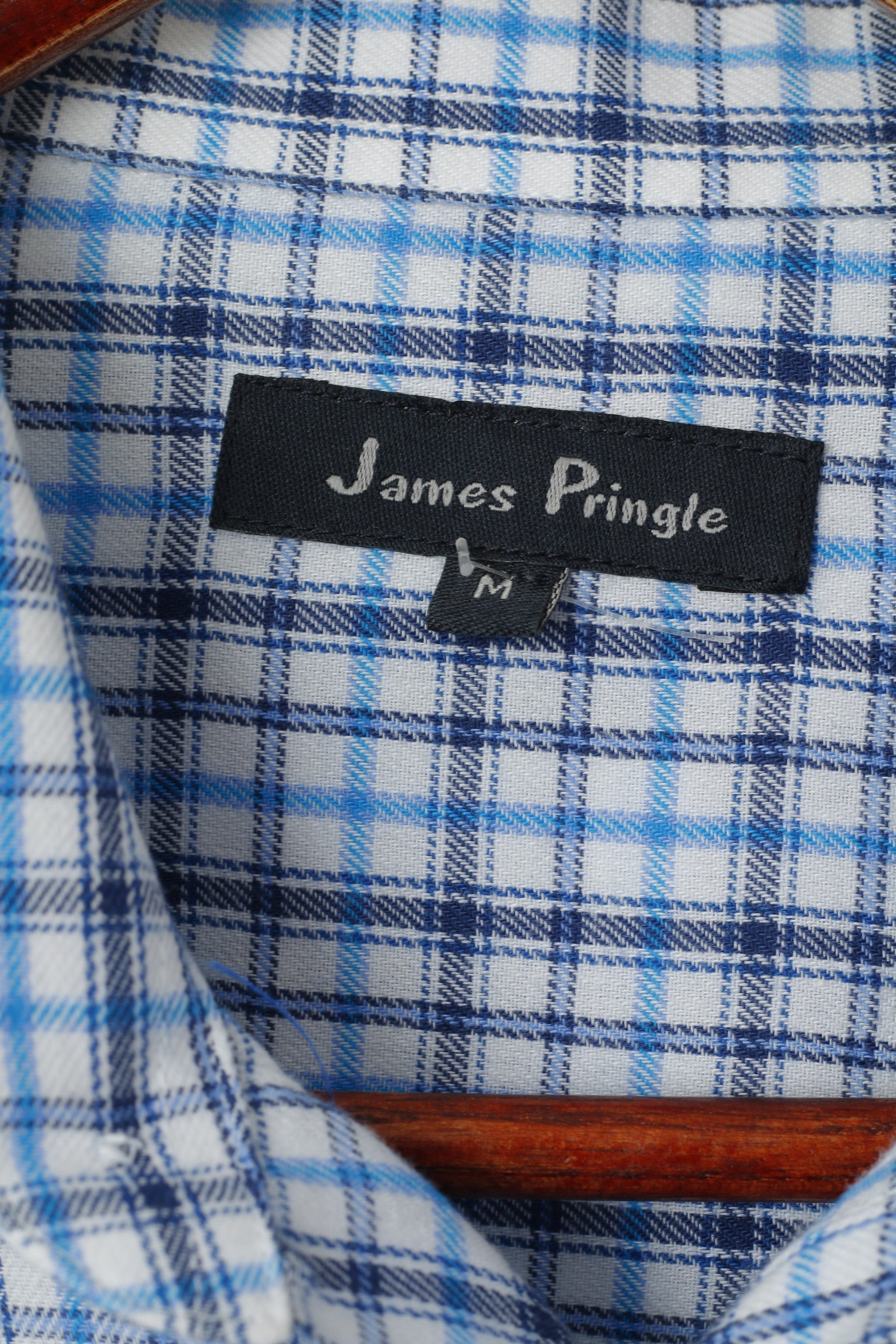 James Pringle Men M Casual Shirt Blue Check Cotton Pocket Long Sleeve Top
