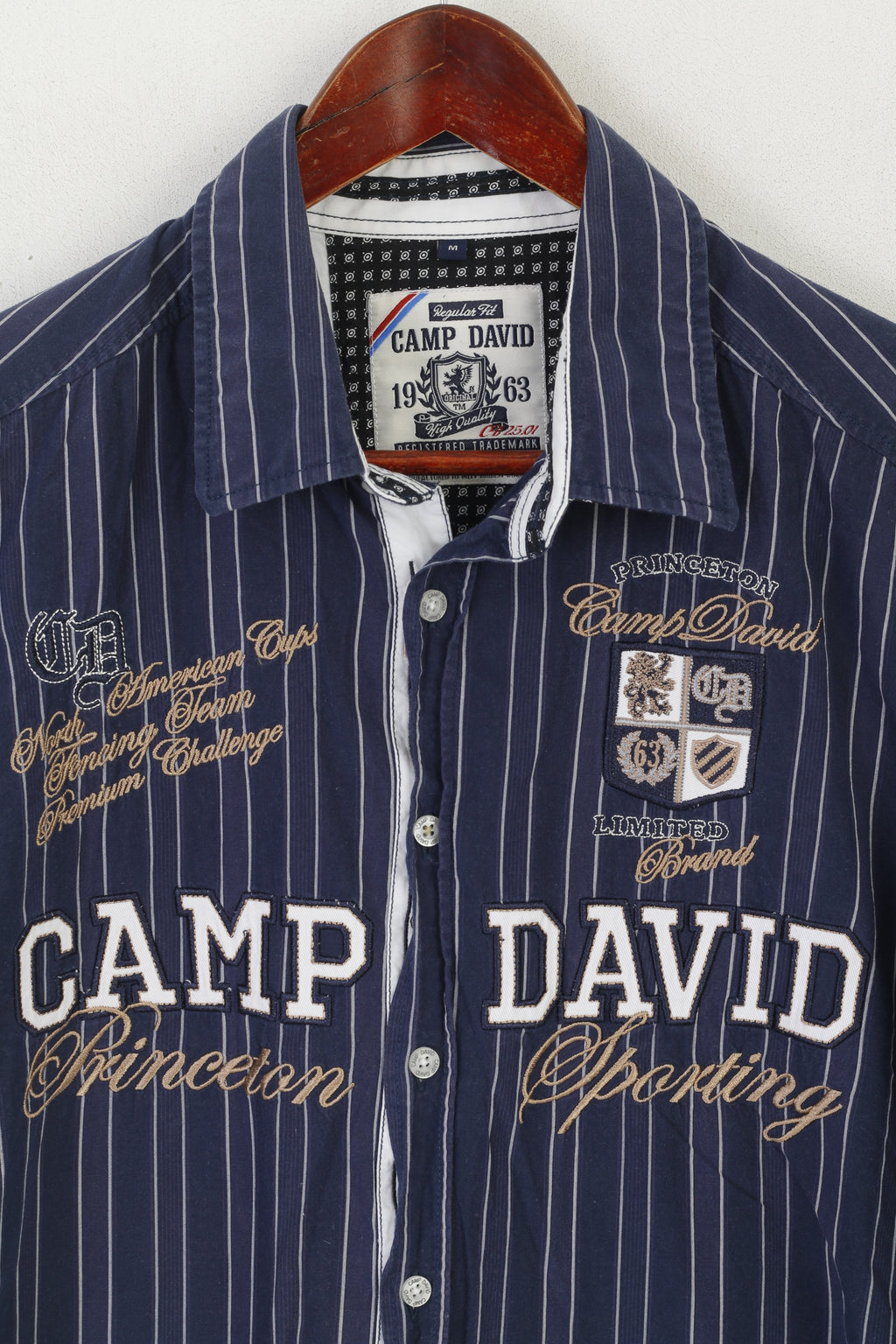 Camp David Men M Casual Shirt Navy Cotton Striped Princeton Sporting Fencing Top