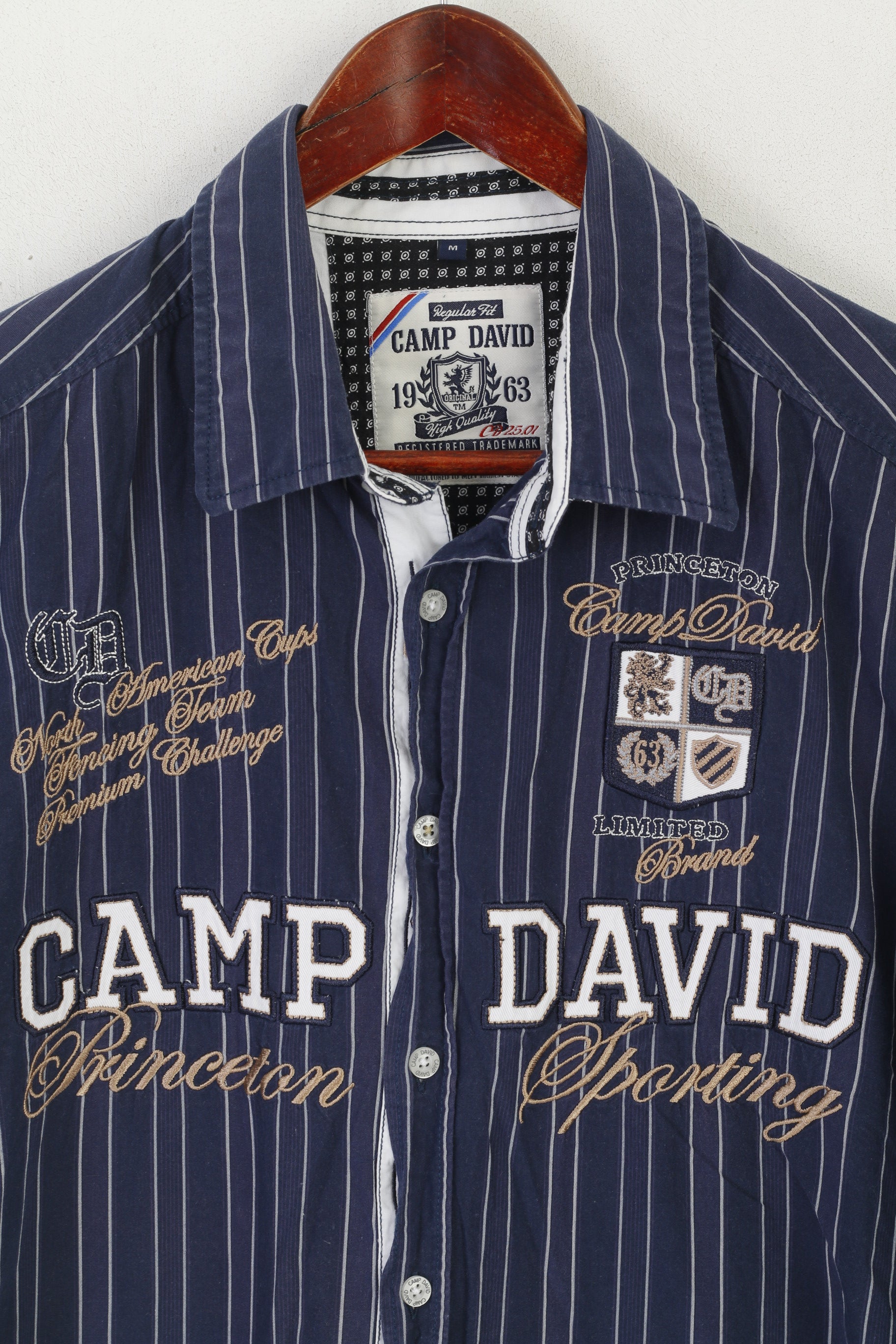 Camp David Men M Casual Shirt Navy Cotton Striped Princeton Sporting Fencing Top