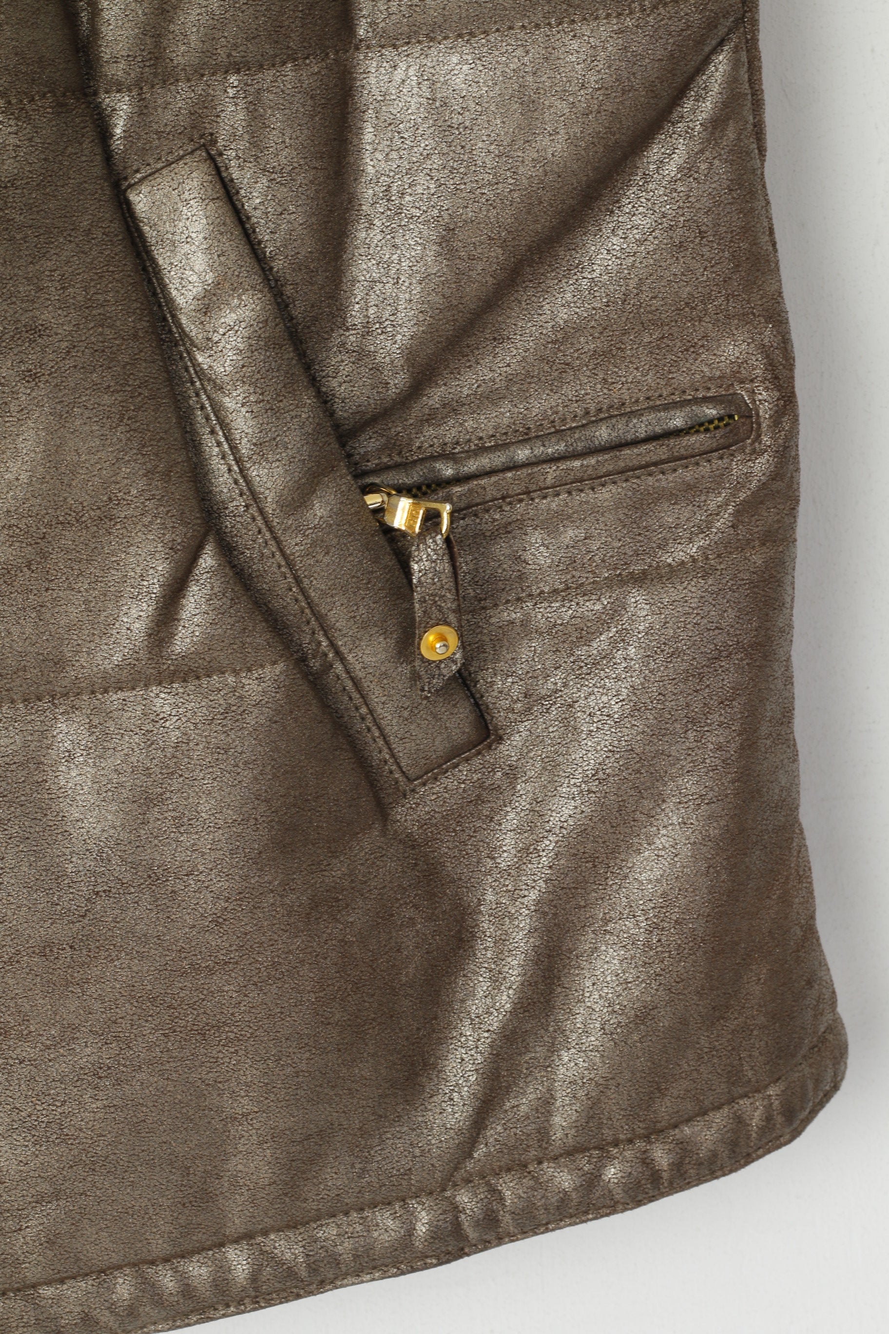 Carnaby's Collection Women 40 L Bodywarmer Brown Gold Leather Padded Retro Snaps Vest