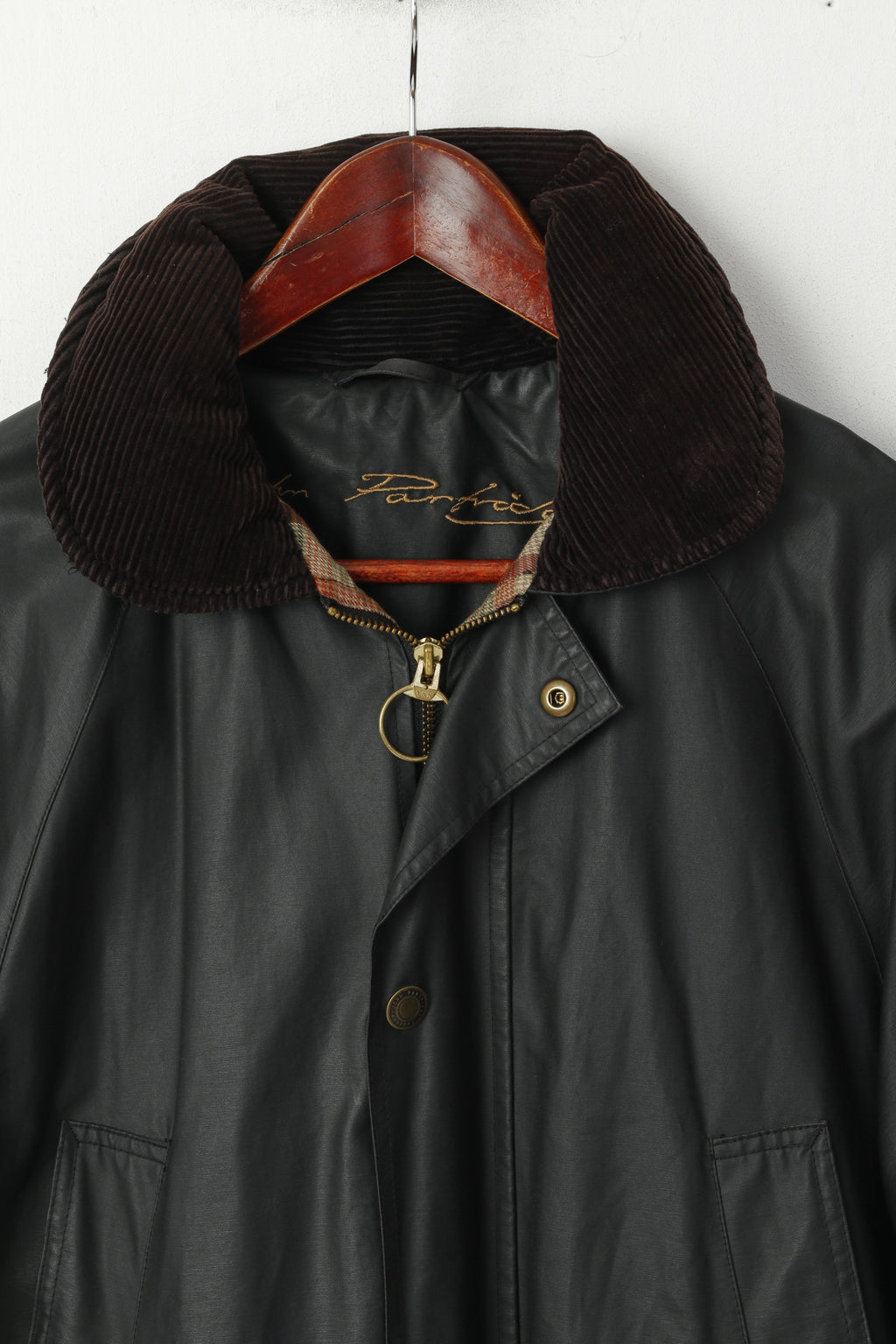 Giacca John Partridge da uomo XS (S) in cotone cerato nero, nylon, Harrington Country, top fatto a mano