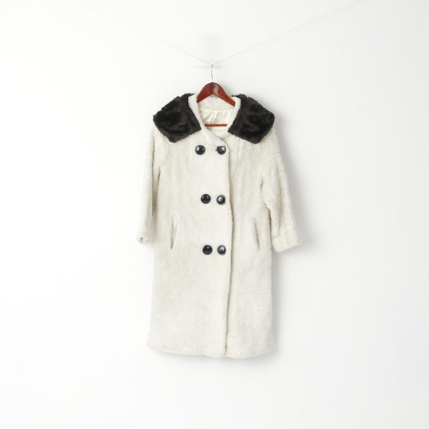 ILGWU Manteau XS pour femme écru flou avec poches à simple boutonnage et haut bohème