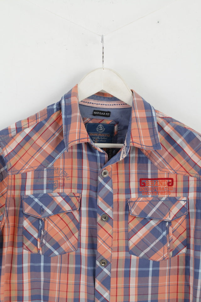 Tom Tompson Mens M Casual Shirt Blue Check Cotton Regular Fit Emroidered Back Top