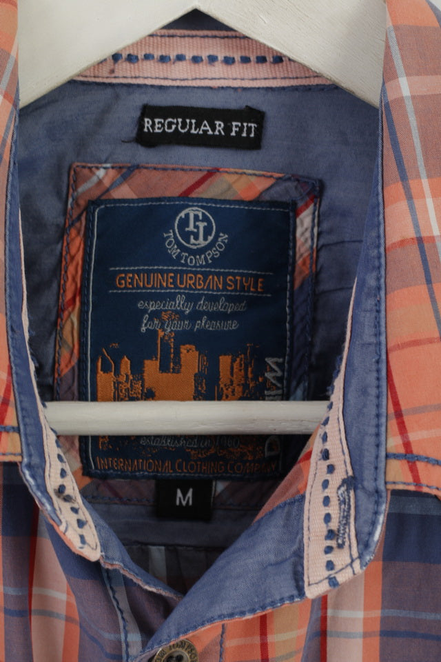 Tom Tompson Mens M Casual Shirt Blue Check Cotton Regular Fit Emroidered Back Top