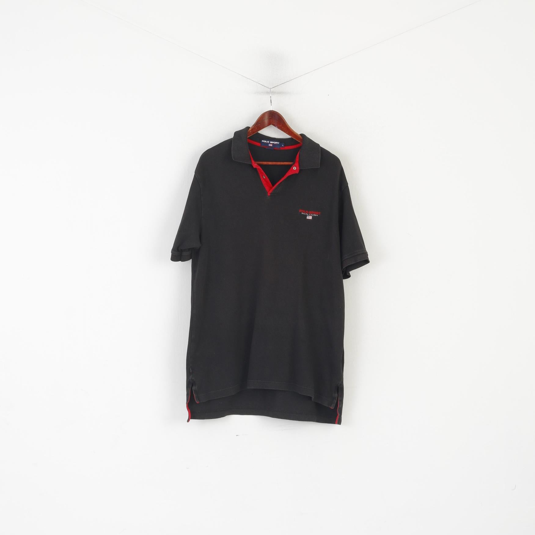 Polo Sport Ralph Lauren Men L Polo Shirt Black Cotton Vintage Stretch Classic Top