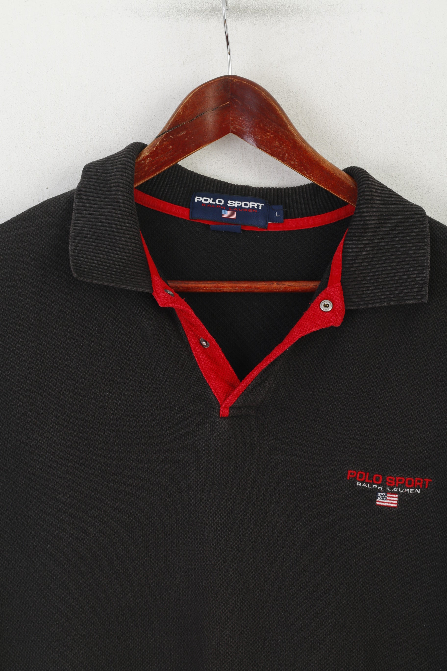 Polo Sport Ralph Lauren Men L Polo Shirt Black Cotton Vintage Stretch Classic Top