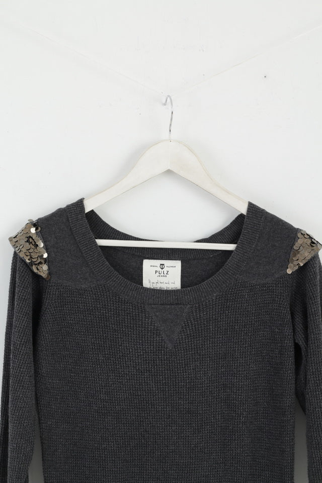 PULZ Jeans Womens S Jumper Grey Tunic Cotton Metal Detailed Long Sweater