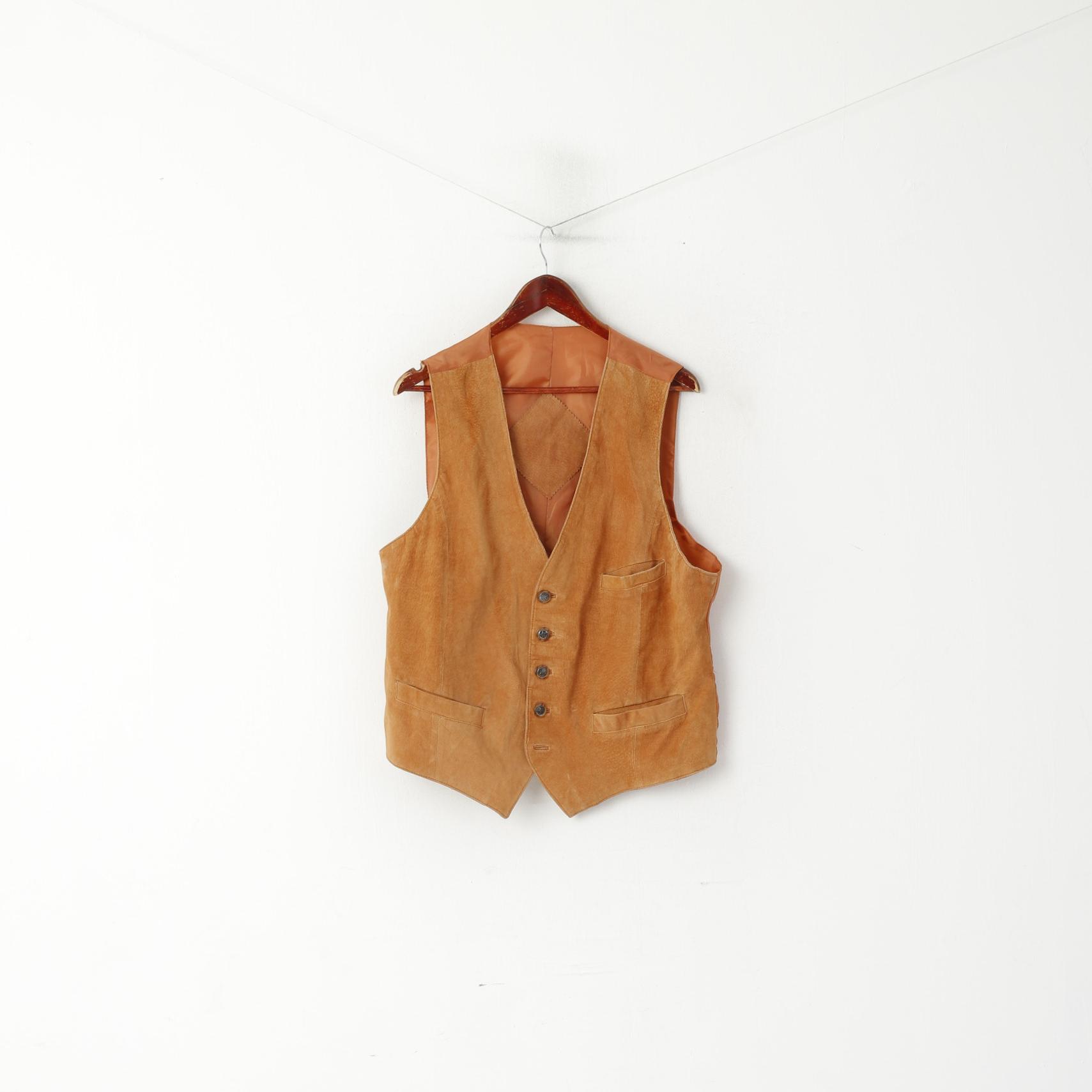 Vintage Men 52 L Leather Vest Vintage Camel Suede Single Breasted Waistcoat
