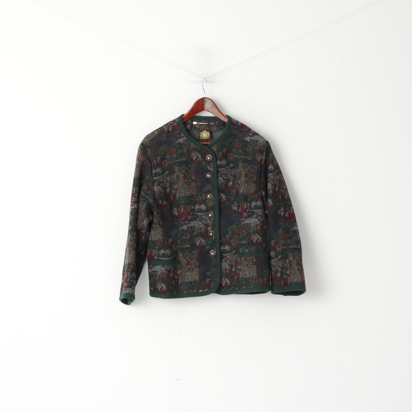 Hammershmid Femmes M Cardigan Vert Pure Laine Folk Imprimé Pull Classique