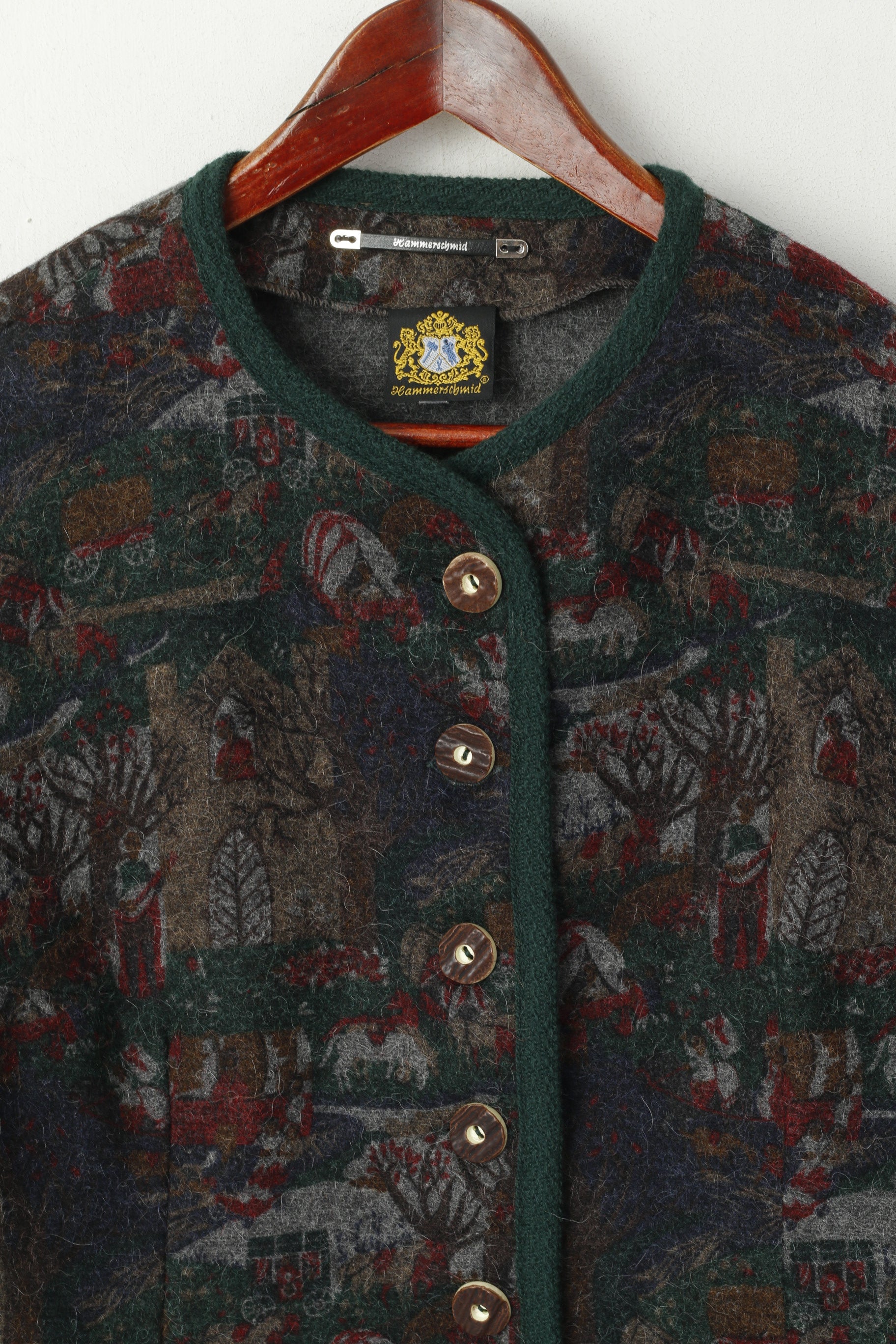 Hammershmid Femmes M Cardigan Vert Pure Laine Folk Imprimé Pull Classique