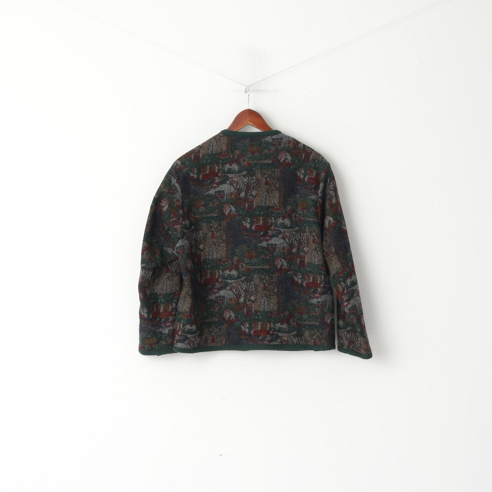 Hammershmid Femmes M Cardigan Vert Pure Laine Folk Imprimé Pull Classique