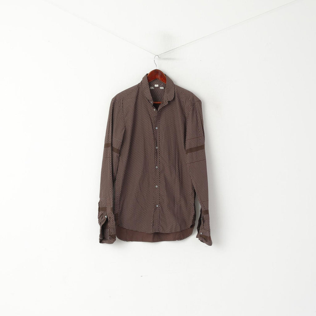 Diesel Men L (M) Casual Shirt Brown Cotton Tiny Snowflake Pattern Long Sleeve Top