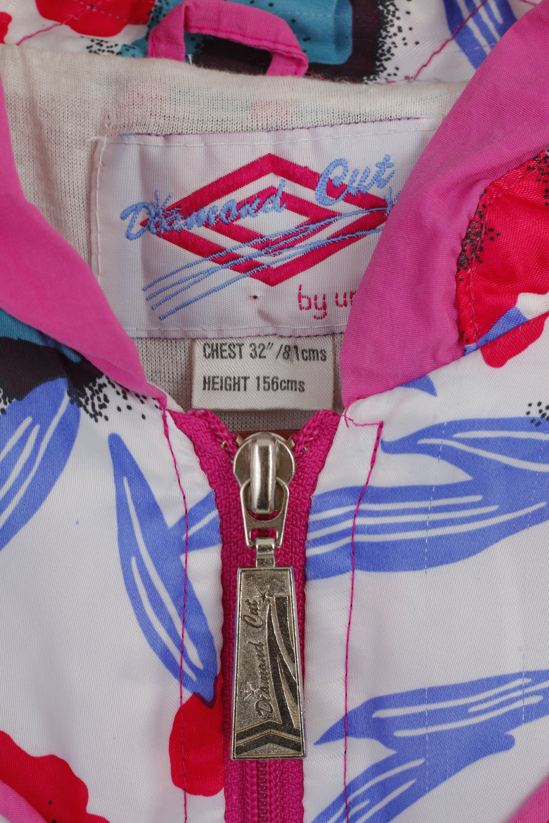 Diamond Cut By Umbro Girls 156 Jacket Pink Floral Bomber Zip Up Shpulder Pads Retro Top