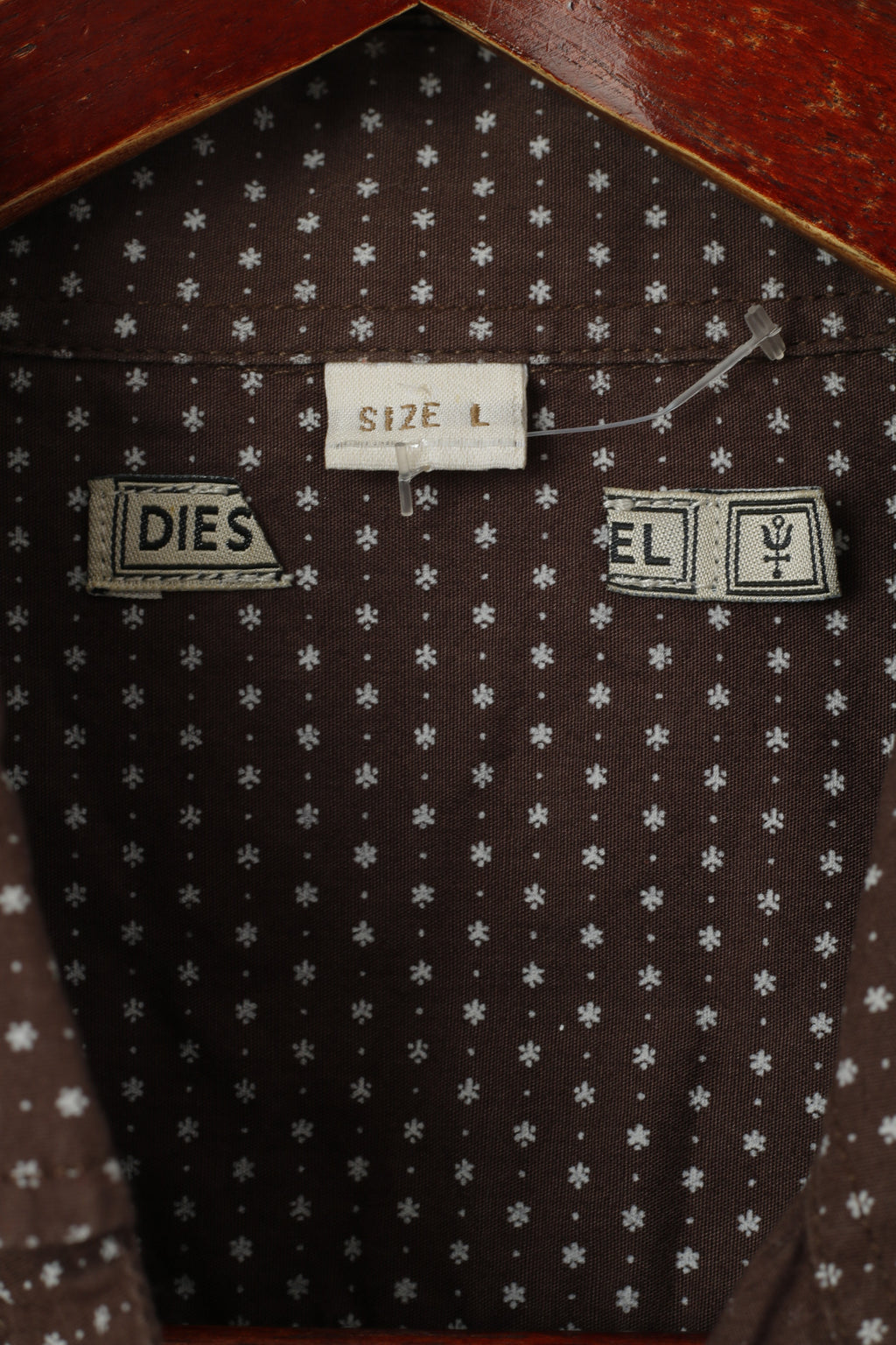 Diesel Men L (M) Casual Shirt Brown Cotton Tiny Snowflake Pattern Long Sleeve Top