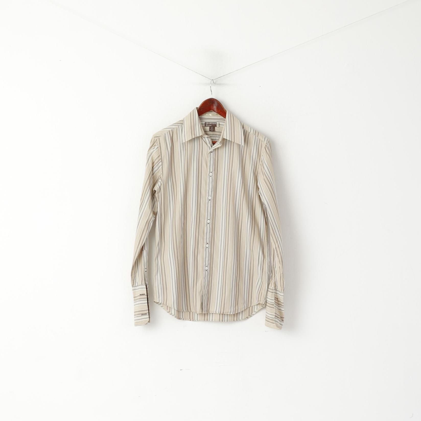 Guess Men S Casual Shirt Beige Striped Cotton Long Sleeve Cufflinks Top