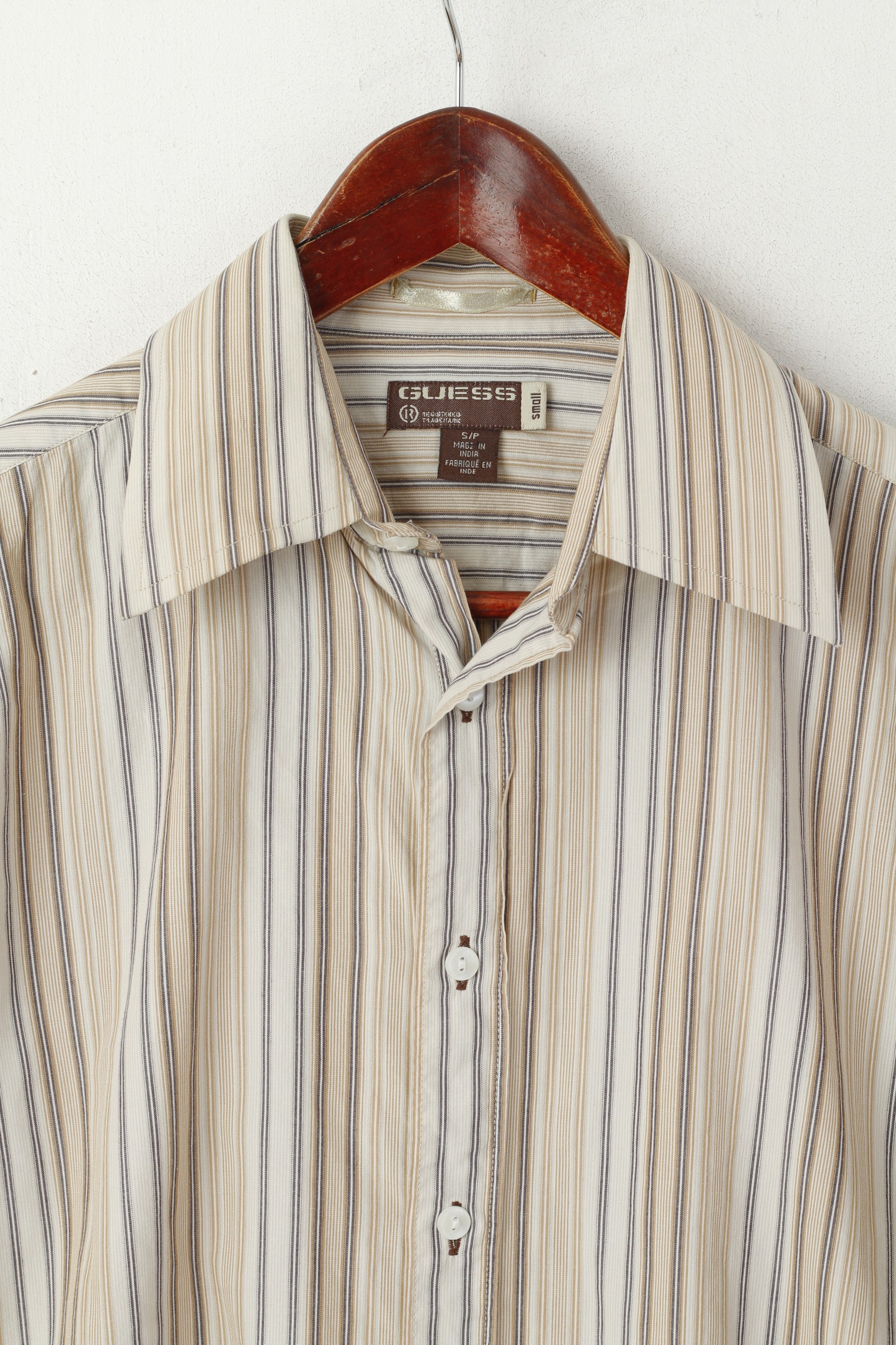 Guess Men S Casual Shirt Beige Striped Cotton Long Sleeve Cufflinks Top