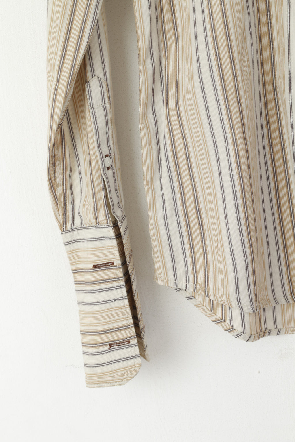 Guess Men S Casual Shirt Beige Striped Cotton Long Sleeve Cufflinks Top
