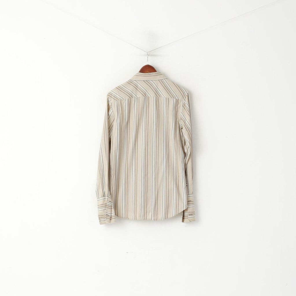 Guess Men S Casual Shirt Beige Striped Cotton Long Sleeve Cufflinks Top
