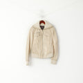 Xpert Femme L (M) Veste Beige Cuir Biker Vintage Fermeture Éclair Complète Col Montant Haut