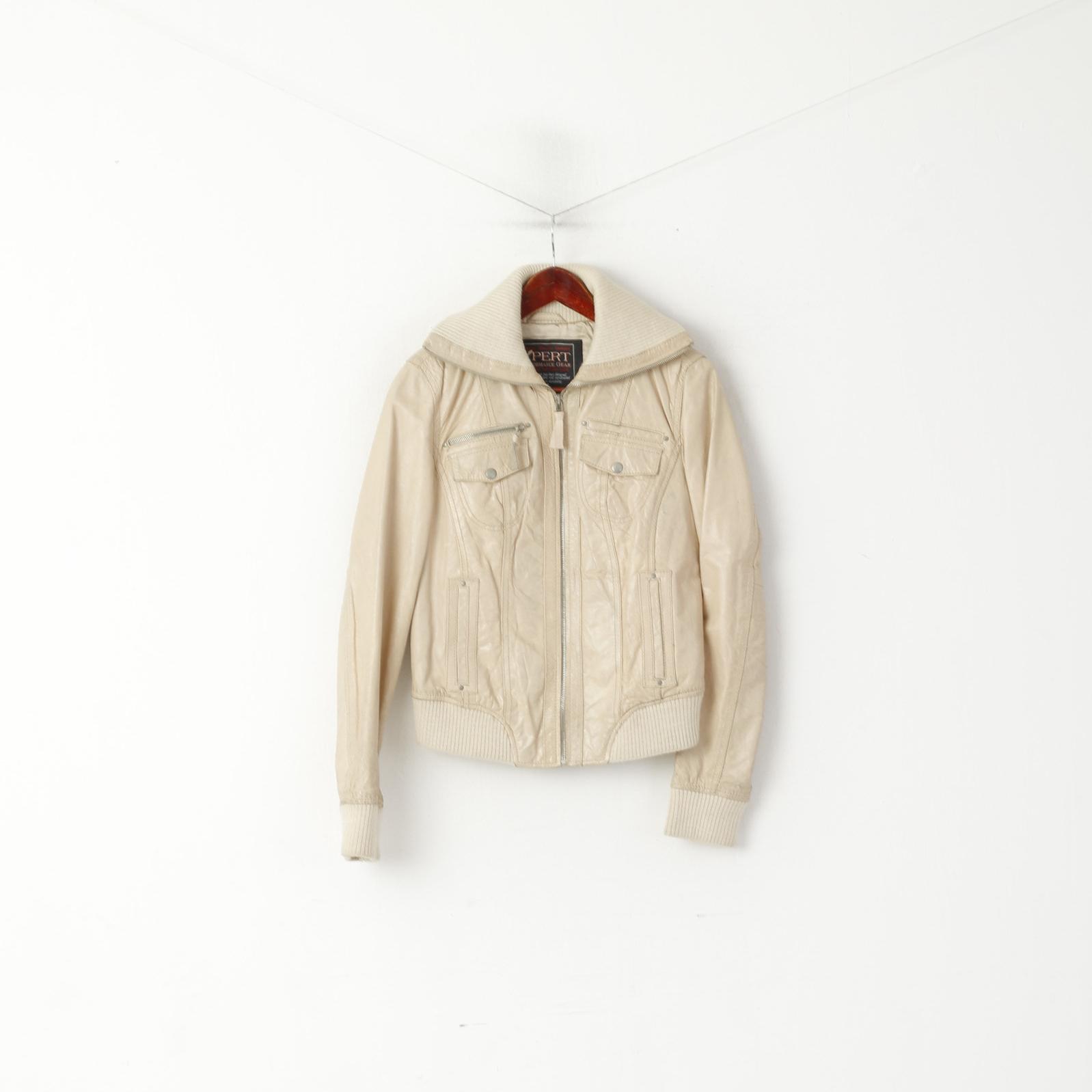 Giacca Xpert da donna L (M) in pelle beige da motociclista vintage con cerniera intera e colletto rialzato