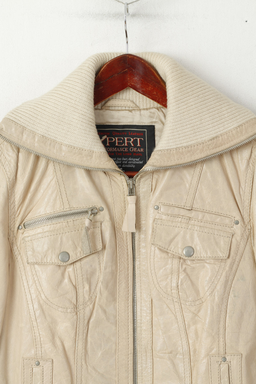 Giacca Xpert da donna L (M) in pelle beige da motociclista vintage con cerniera intera e colletto rialzato