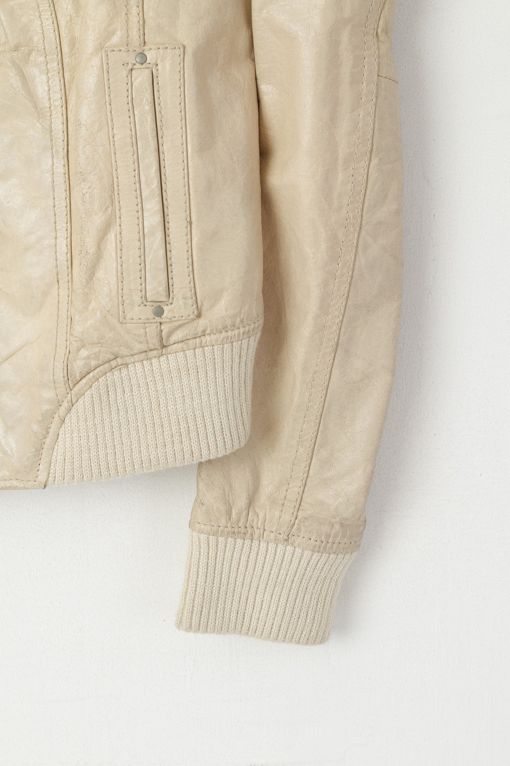 Giacca Xpert da donna L (M) in pelle beige da motociclista vintage con cerniera intera e colletto rialzato