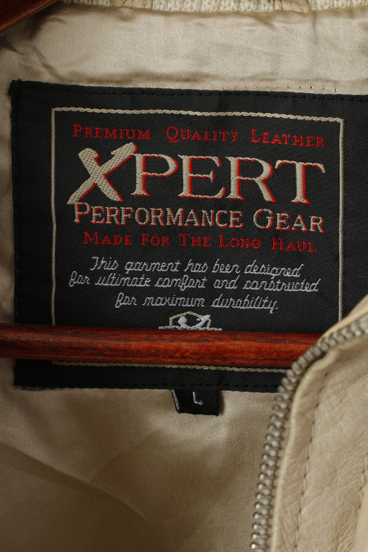 Xpert Women L (M) Jacket Beige Leather Biker Vintage Full Zipper Stand Up Collar Top